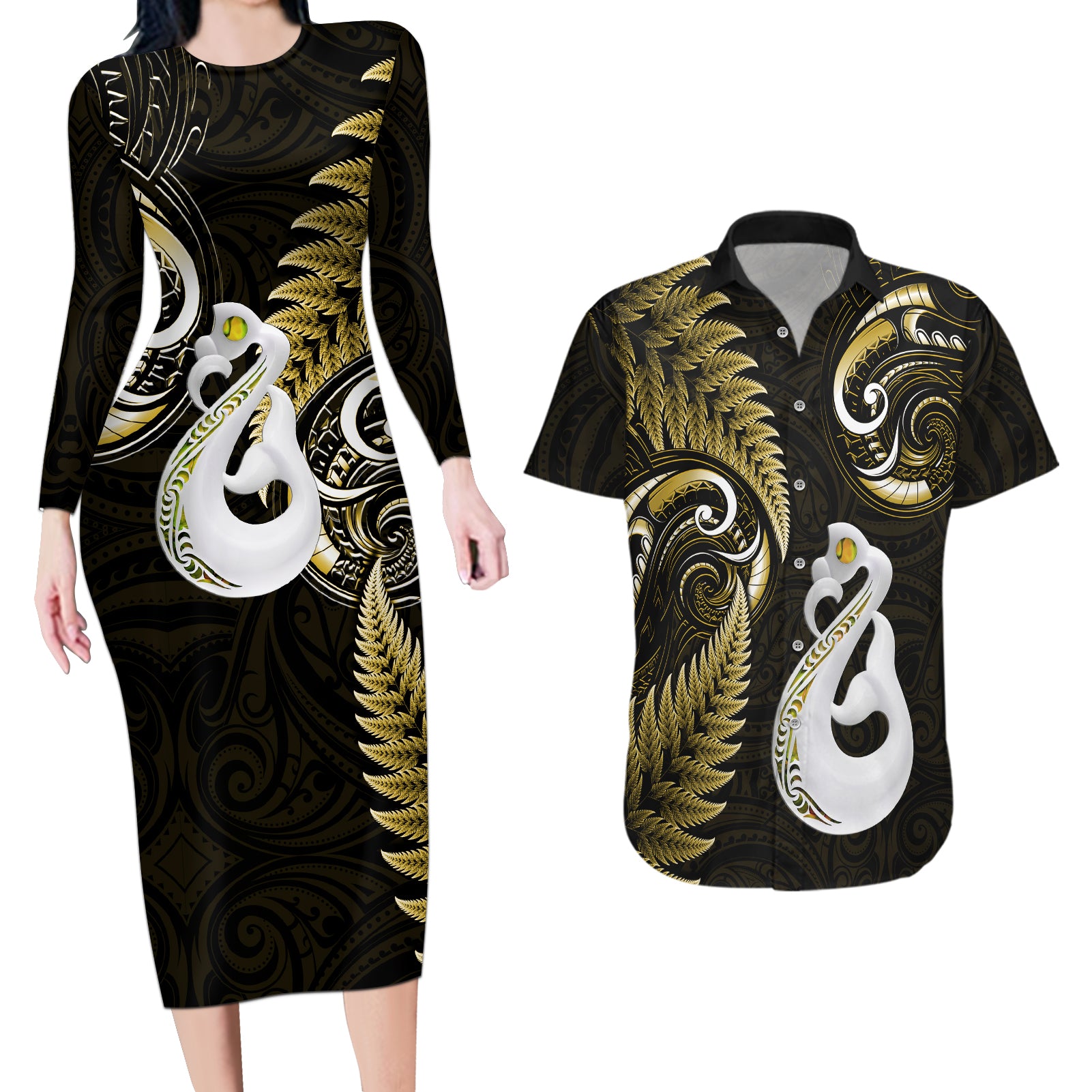 personalised-new-zealand-couples-long-sleeve-bodycon-dress-and-hawaiian-shirt-aotearoa-silver-fern-with-manaia-maori-unique-gold