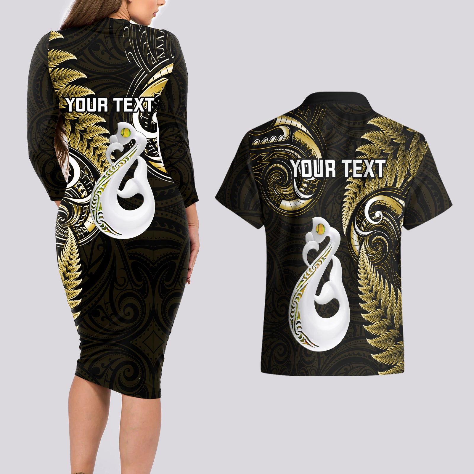 personalised-new-zealand-couples-long-sleeve-bodycon-dress-and-hawaiian-shirt-aotearoa-silver-fern-with-manaia-maori-unique-gold