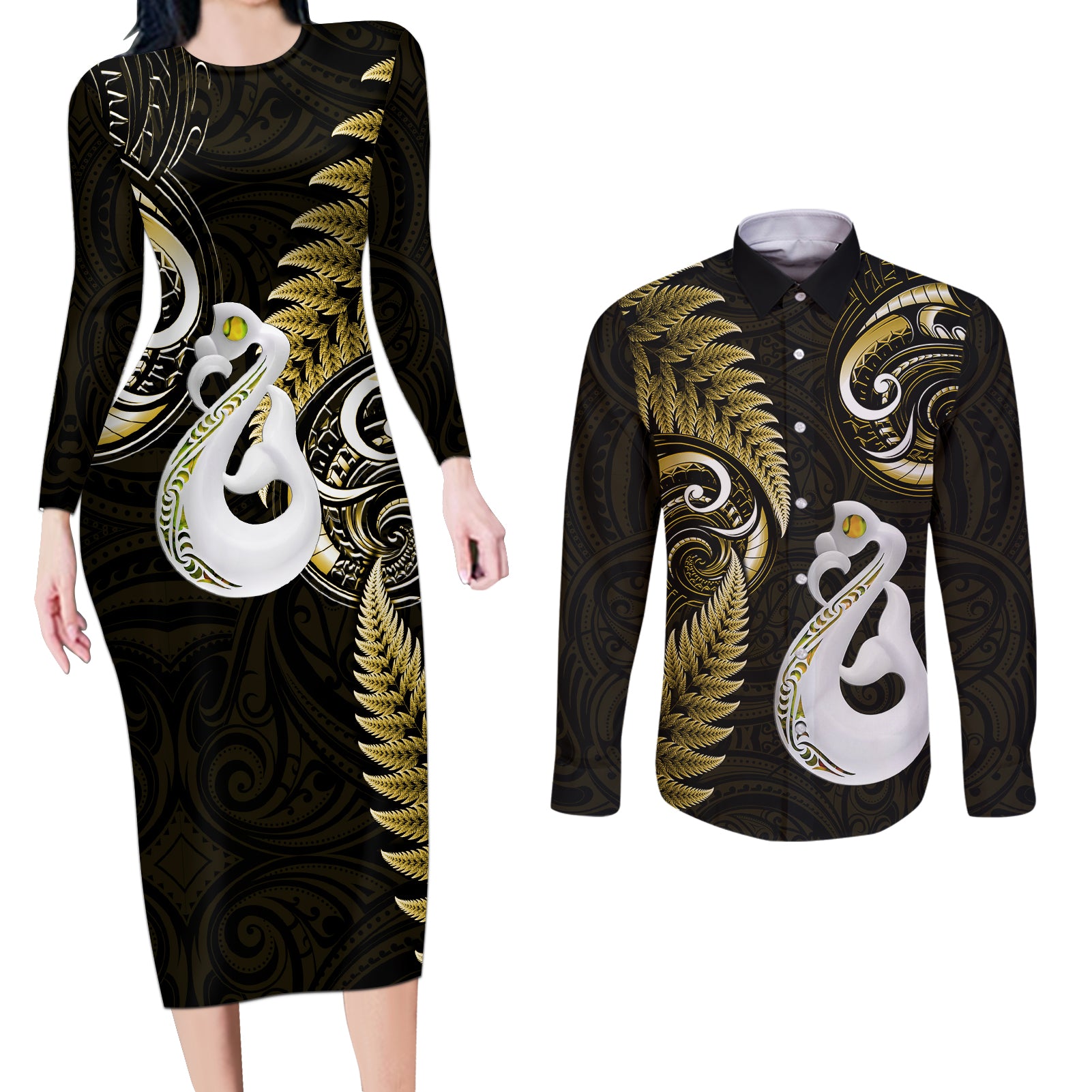 personalised-new-zealand-couples-long-sleeve-bodycon-dress-and-long-sleeve-button-shirts-aotearoa-silver-fern-with-manaia-maori-unique-gold