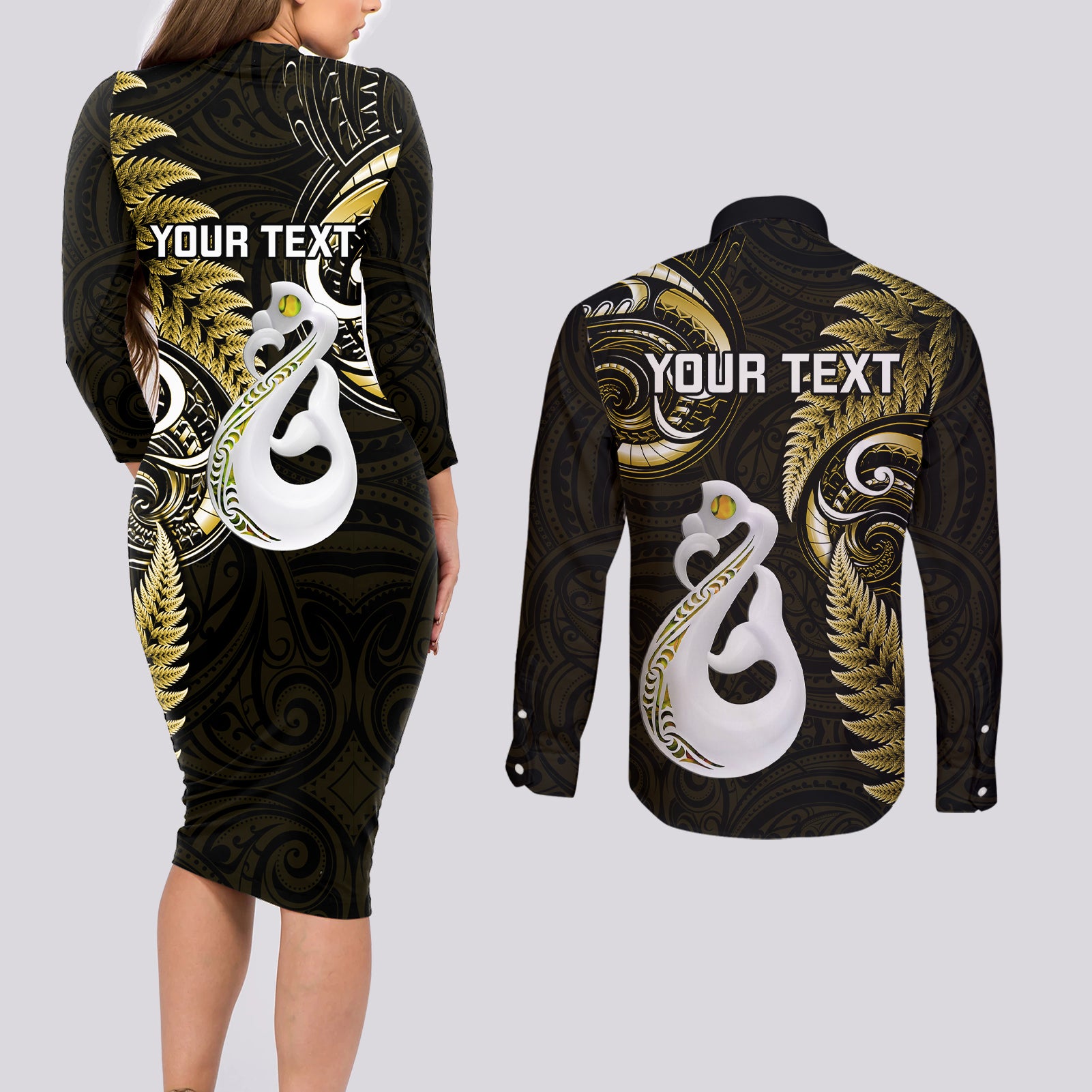 personalised-new-zealand-couples-long-sleeve-bodycon-dress-and-long-sleeve-button-shirts-aotearoa-silver-fern-with-manaia-maori-unique-gold