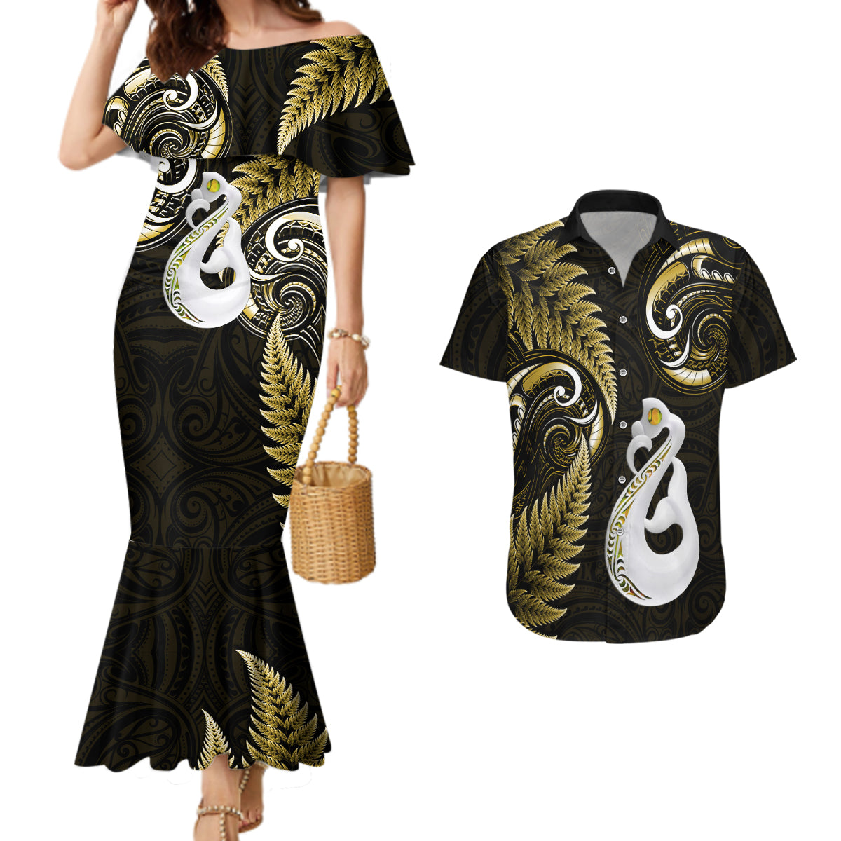 personalised-new-zealand-couples-mermaid-dress-and-hawaiian-shirt-aotearoa-silver-fern-with-manaia-maori-unique-gold