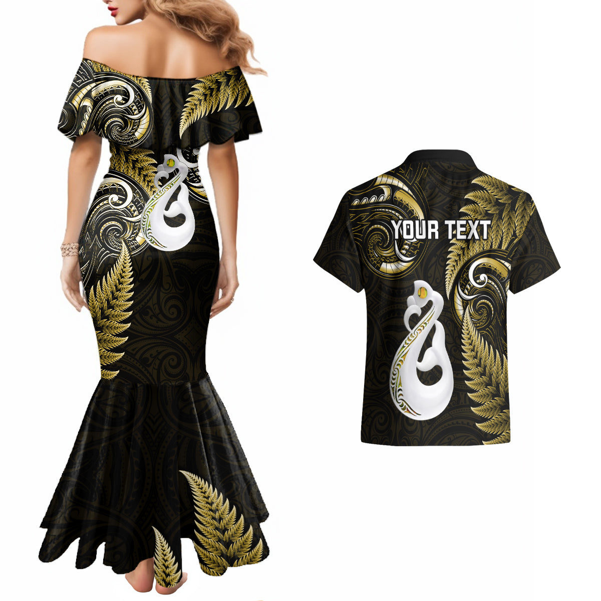 personalised-new-zealand-couples-mermaid-dress-and-hawaiian-shirt-aotearoa-silver-fern-with-manaia-maori-unique-gold