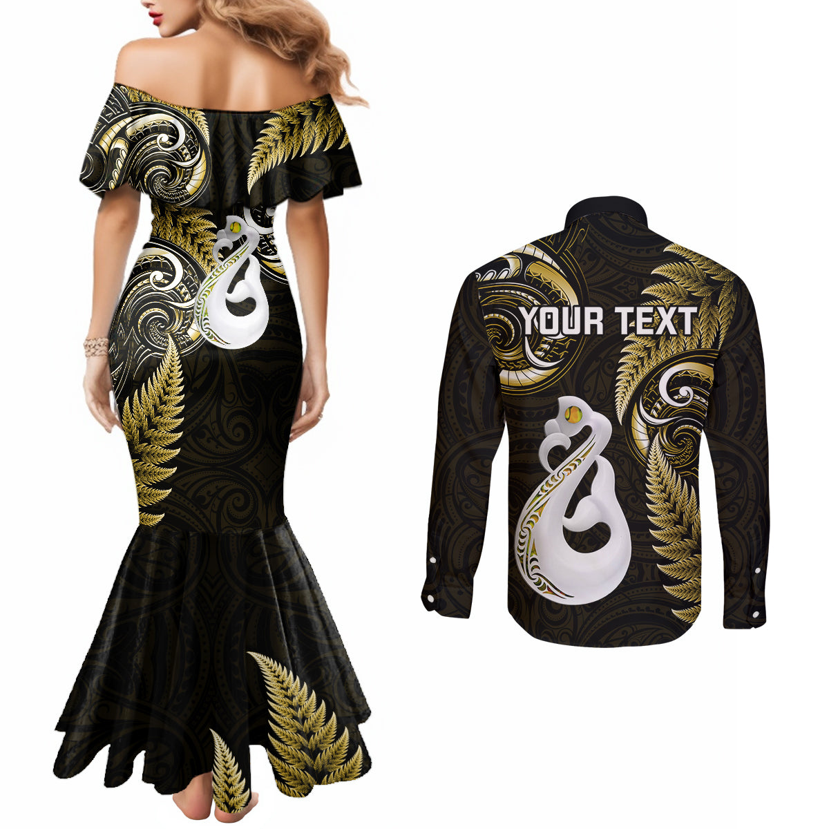 personalised-new-zealand-couples-mermaid-dress-and-long-sleeve-button-shirts-aotearoa-silver-fern-with-manaia-maori-unique-gold