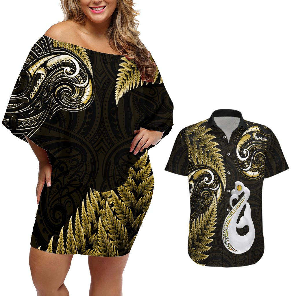 personalised-new-zealand-couples-off-shoulder-short-dress-and-hawaiian-shirt-aotearoa-silver-fern-with-manaia-maori-unique-gold