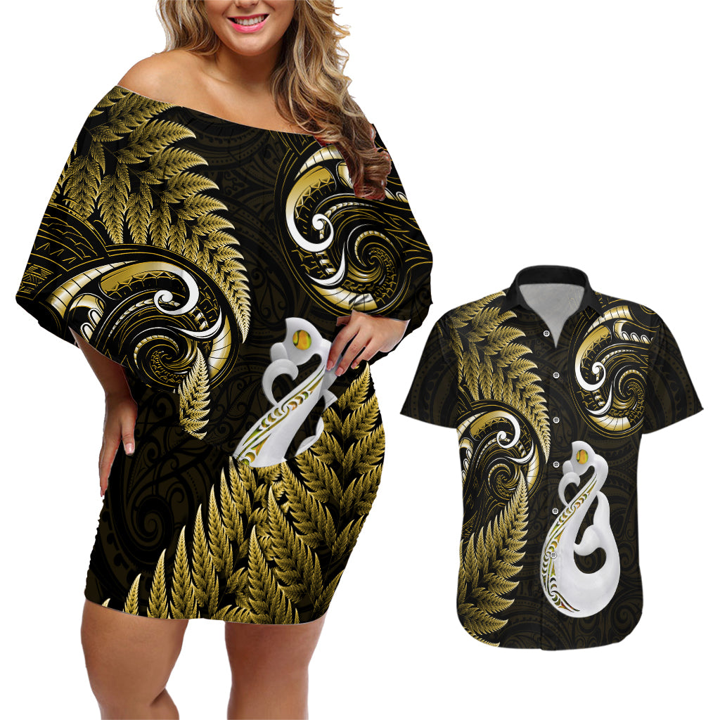 Personalised New Zealand Couples Off The Shoulder Long Sleeve Dress and Hawaiian Shirt Aotearoa Silver Fern With Manaia Maori Unique Gold LT14