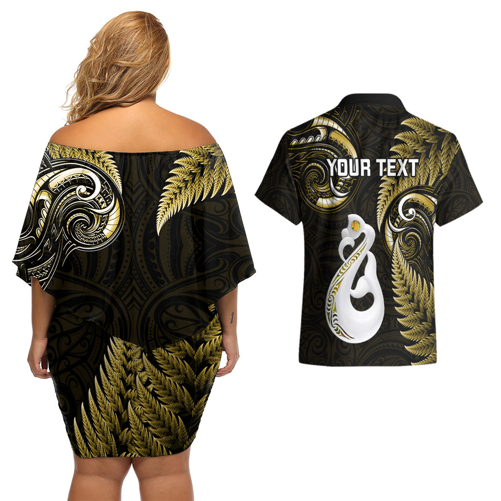 personalised-new-zealand-couples-off-shoulder-short-dress-and-hawaiian-shirt-aotearoa-silver-fern-with-manaia-maori-unique-gold