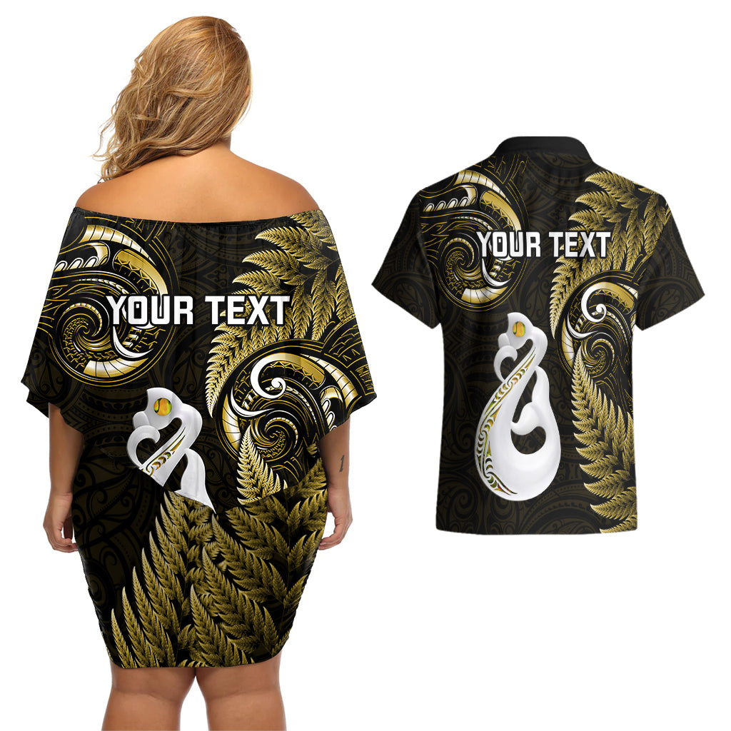 Personalised New Zealand Couples Off The Shoulder Long Sleeve Dress and Hawaiian Shirt Aotearoa Silver Fern With Manaia Maori Unique Gold LT14