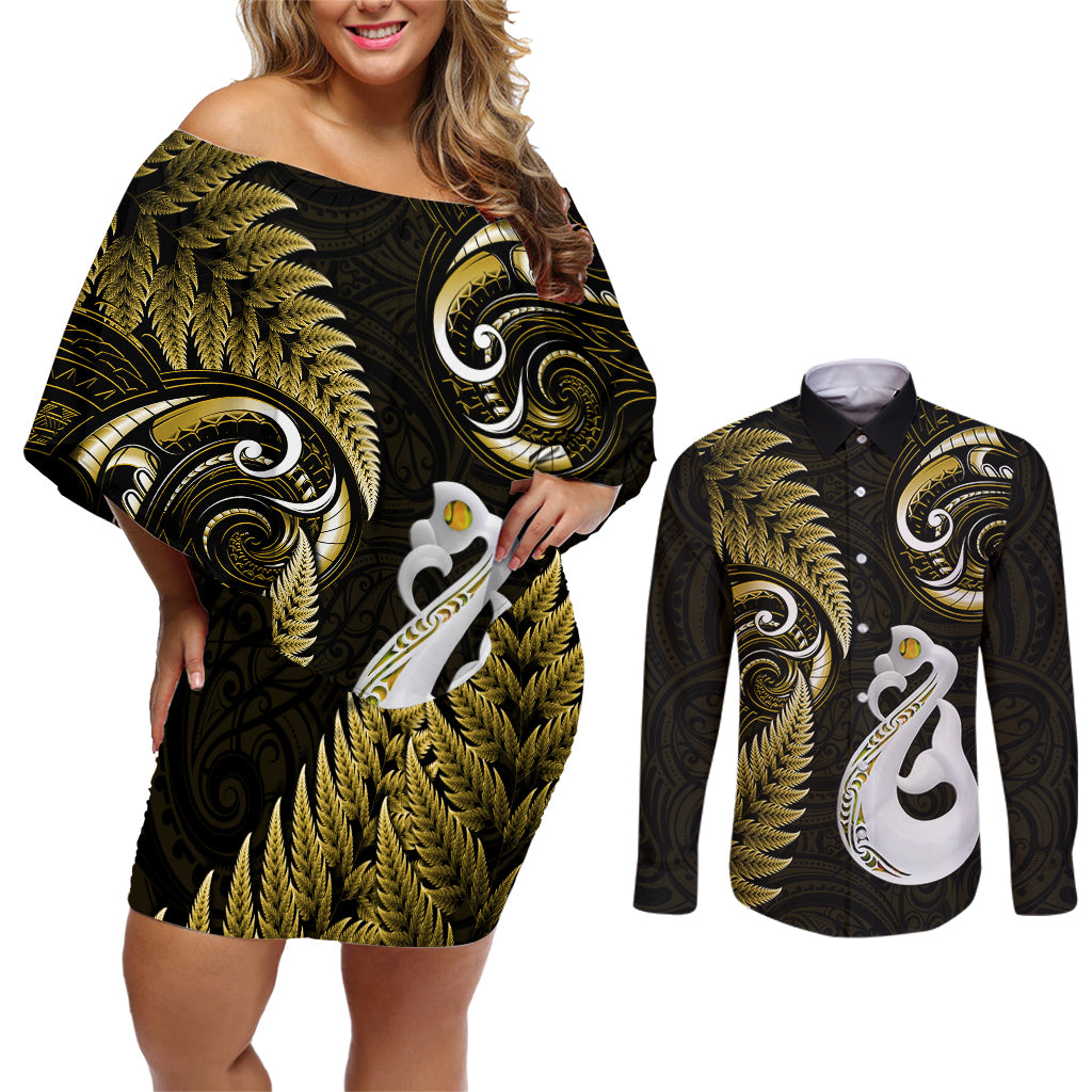 Personalised New Zealand Couples Off Shoulder Short Dress and Long Sleeve Button Shirts Aotearoa Silver Fern With Manaia Maori Unique Gold LT14