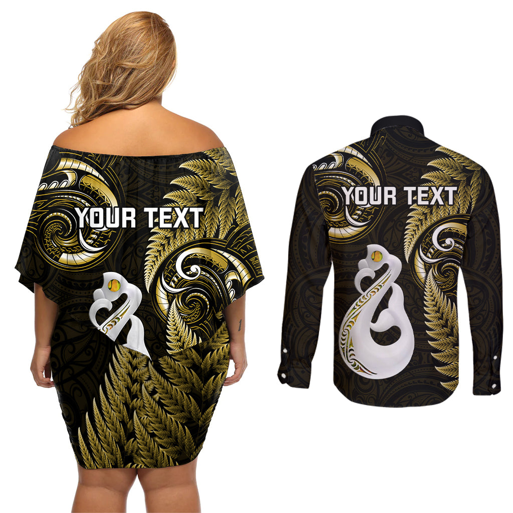 Personalised New Zealand Couples Off Shoulder Short Dress and Long Sleeve Button Shirts Aotearoa Silver Fern With Manaia Maori Unique Gold LT14