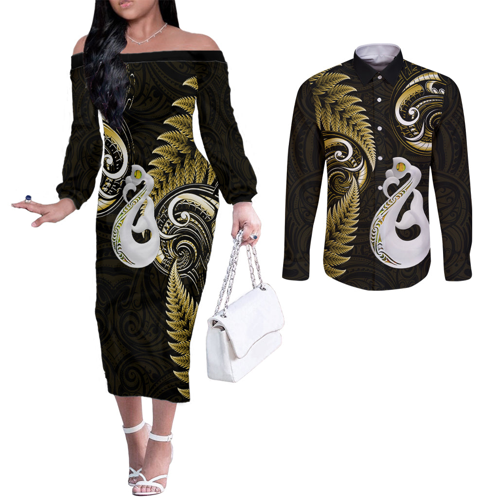 personalised-new-zealand-couples-off-the-shoulder-long-sleeve-dress-and-long-sleeve-button-shirts-aotearoa-silver-fern-with-manaia-maori-unique-gold