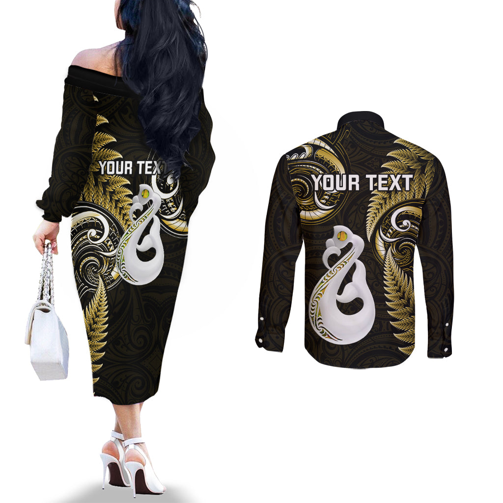 personalised-new-zealand-couples-off-the-shoulder-long-sleeve-dress-and-long-sleeve-button-shirts-aotearoa-silver-fern-with-manaia-maori-unique-gold