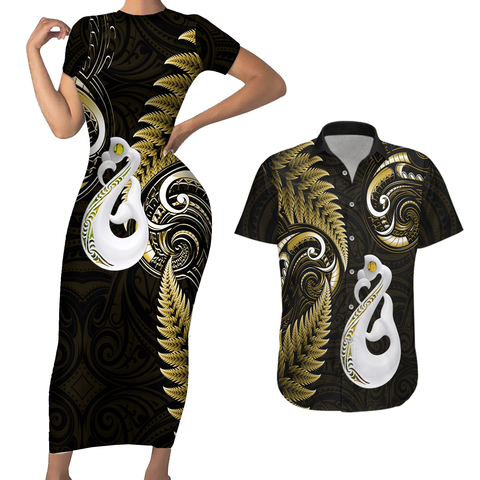 personalised-new-zealand-couples-short-sleeve-bodycon-dress-and-hawaiian-shirt-aotearoa-silver-fern-with-manaia-maori-unique-gold