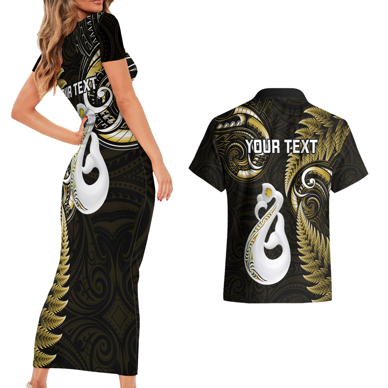 personalised-new-zealand-couples-short-sleeve-bodycon-dress-and-hawaiian-shirt-aotearoa-silver-fern-with-manaia-maori-unique-gold