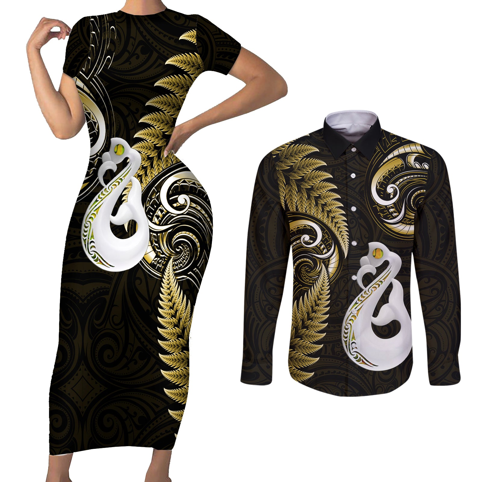 personalised-new-zealand-couples-short-sleeve-bodycon-dress-and-long-sleeve-button-shirts-aotearoa-silver-fern-with-manaia-maori-unique-gold