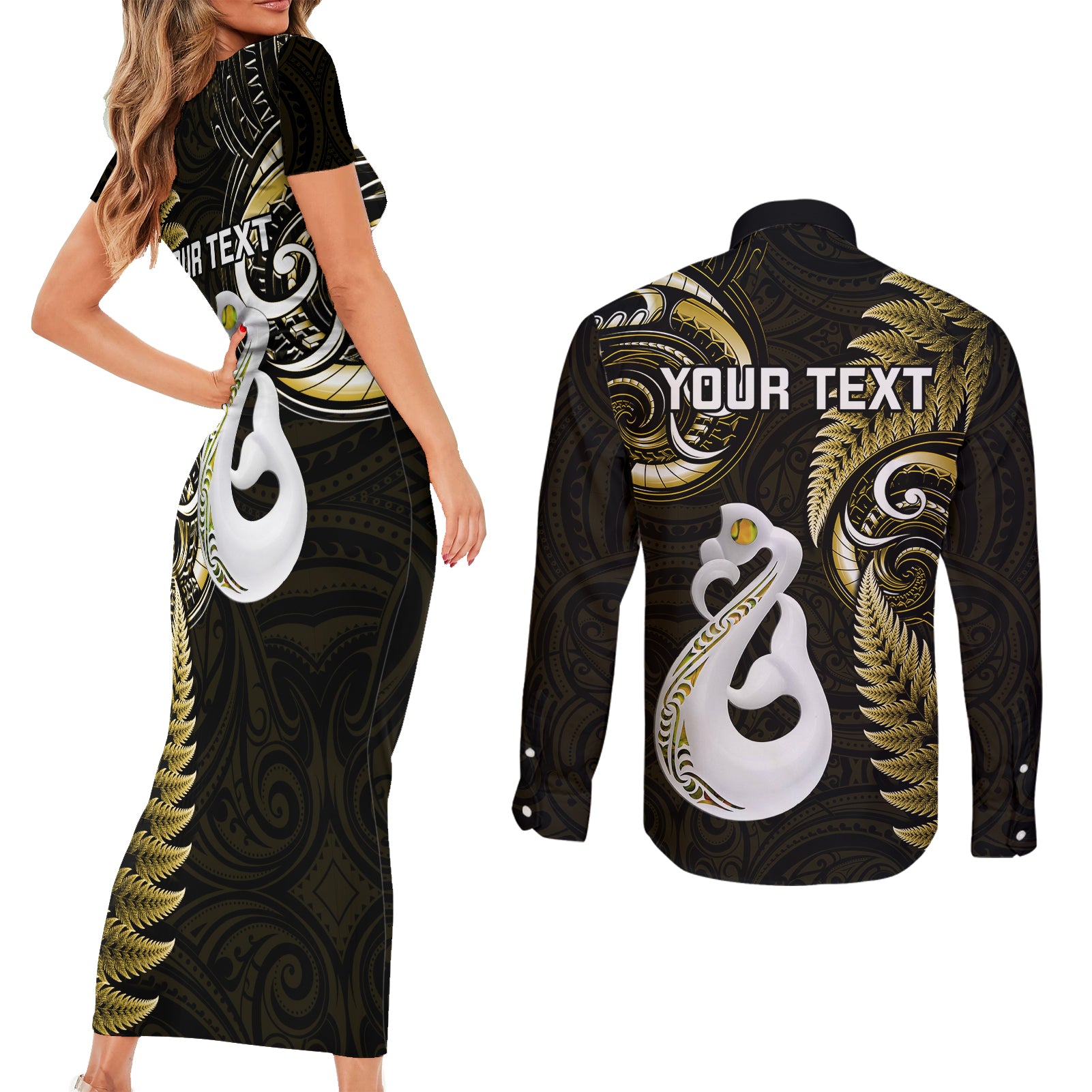 personalised-new-zealand-couples-short-sleeve-bodycon-dress-and-long-sleeve-button-shirts-aotearoa-silver-fern-with-manaia-maori-unique-gold