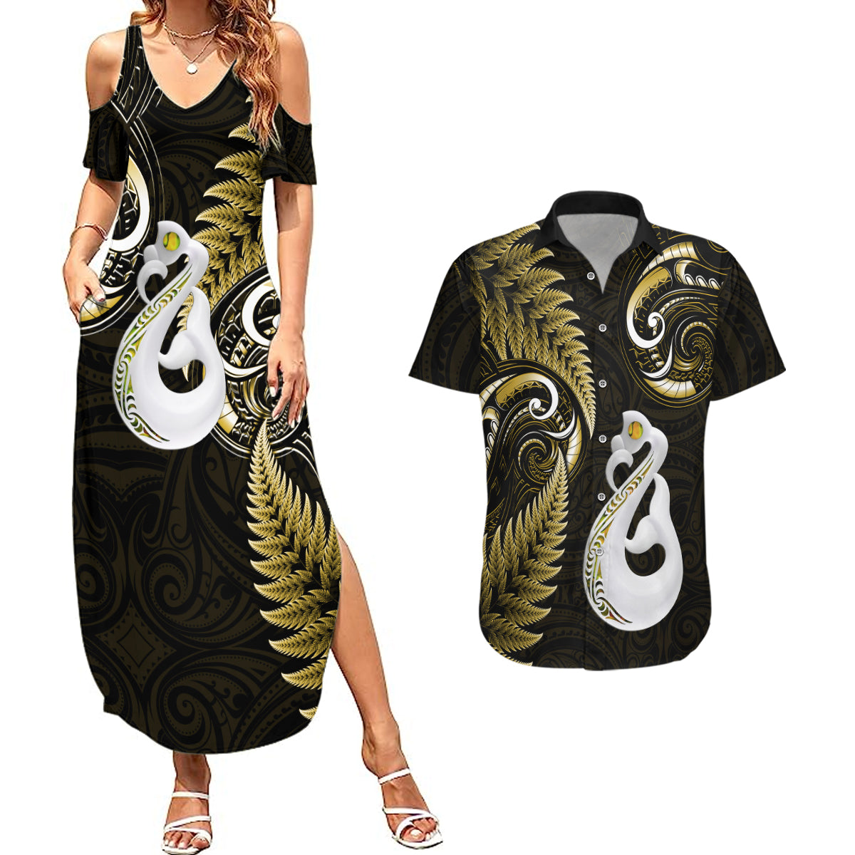 personalised-new-zealand-couples-summer-maxi-dress-and-hawaiian-shirt-aotearoa-silver-fern-with-manaia-maori-unique-gold