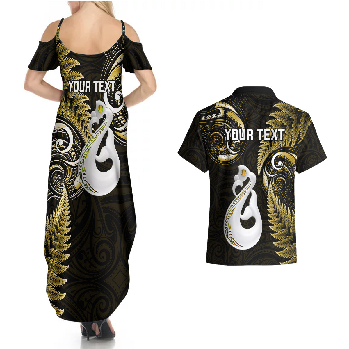 personalised-new-zealand-couples-summer-maxi-dress-and-hawaiian-shirt-aotearoa-silver-fern-with-manaia-maori-unique-gold