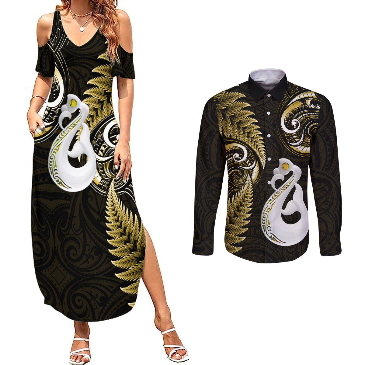 personalised-new-zealand-couples-summer-maxi-dress-and-long-sleeve-button-shirts-aotearoa-silver-fern-with-manaia-maori-unique-gold