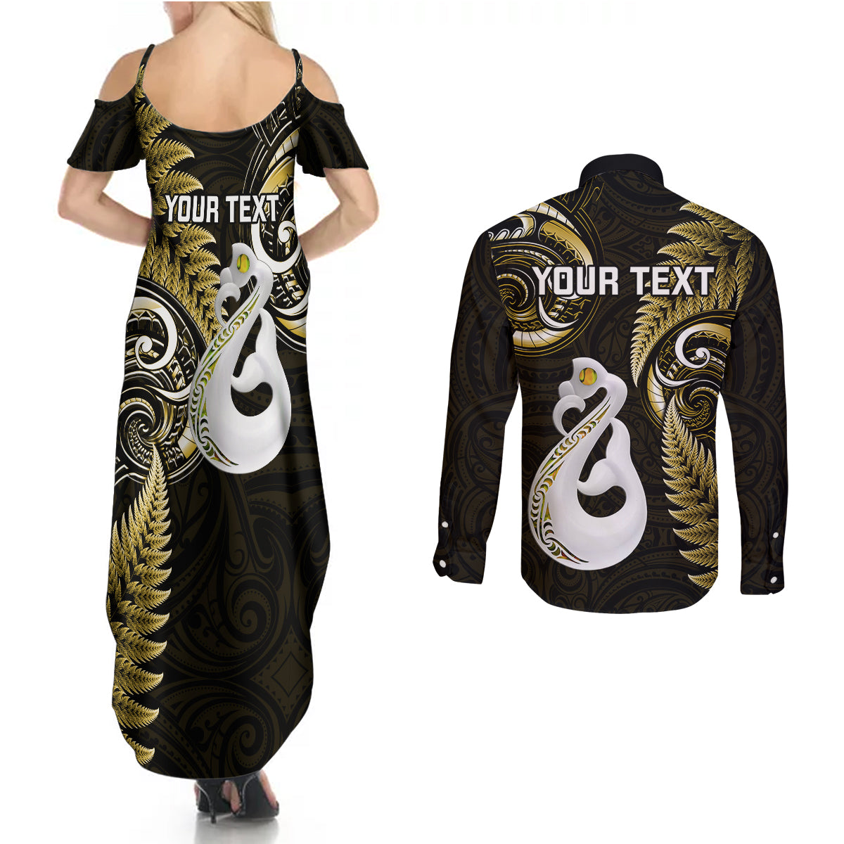 personalised-new-zealand-couples-summer-maxi-dress-and-long-sleeve-button-shirts-aotearoa-silver-fern-with-manaia-maori-unique-gold