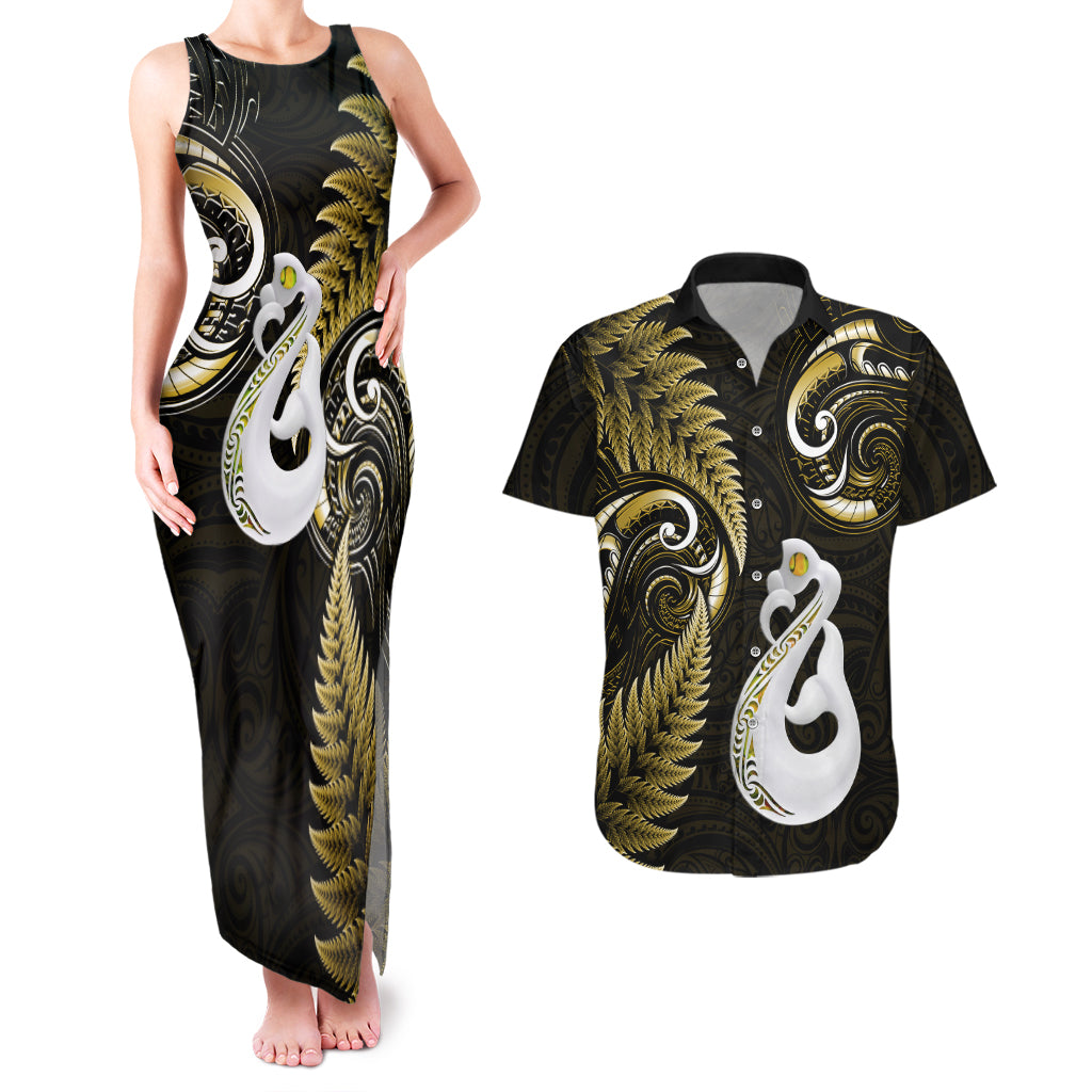 personalised-new-zealand-couples-matching-tank-maxi-dress-and-hawaiian-shirt-aotearoa-silver-fern-with-manaia-maori-unique-gold