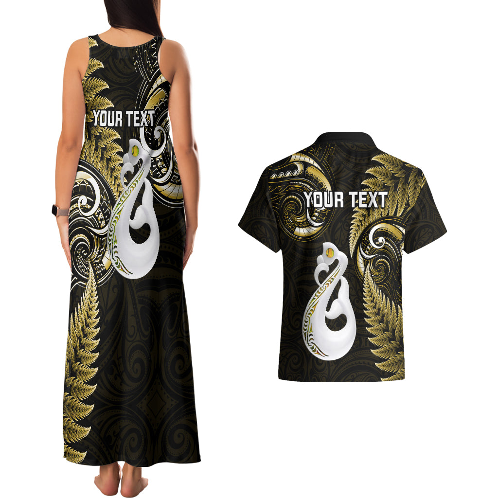 personalised-new-zealand-couples-matching-tank-maxi-dress-and-hawaiian-shirt-aotearoa-silver-fern-with-manaia-maori-unique-gold