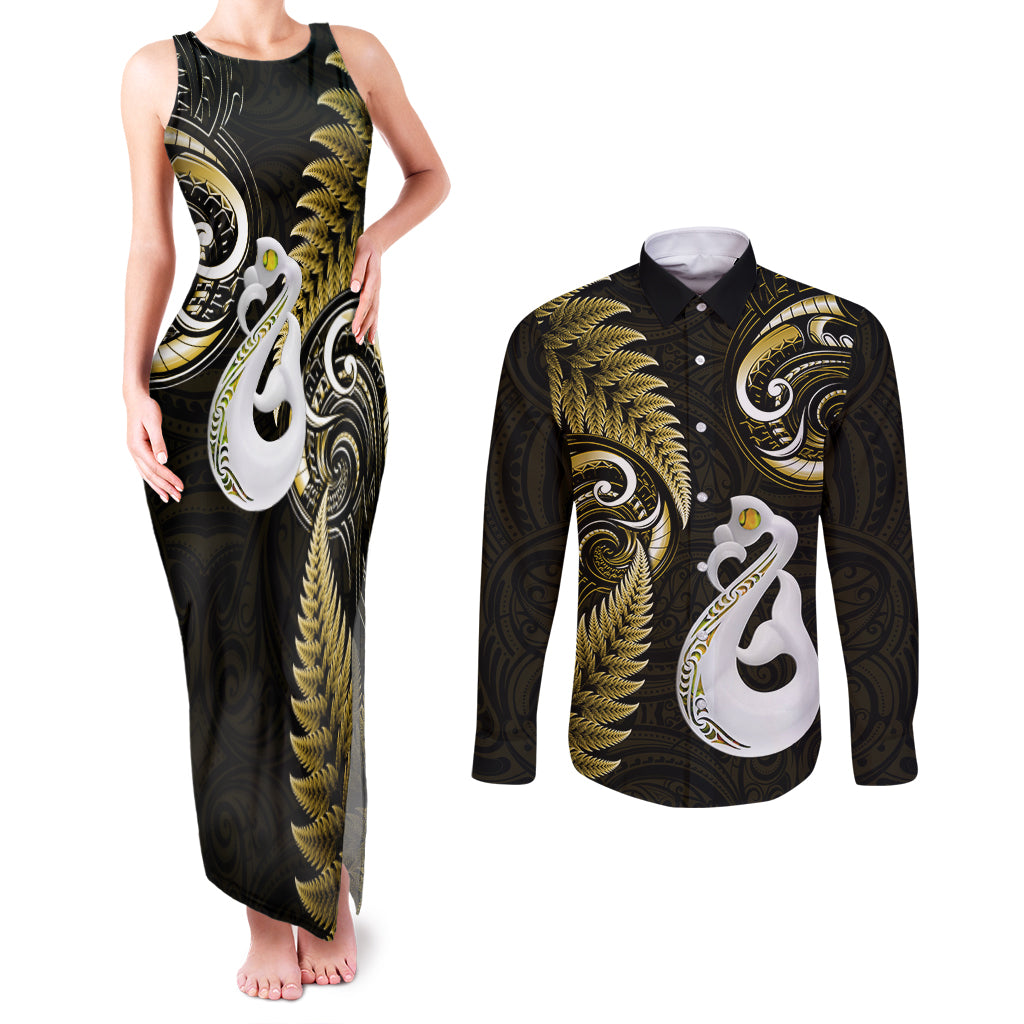 personalised-new-zealand-couples-matching-tank-maxi-dress-and-long-sleeve-button-shirts-aotearoa-silver-fern-with-manaia-maori-unique-gold