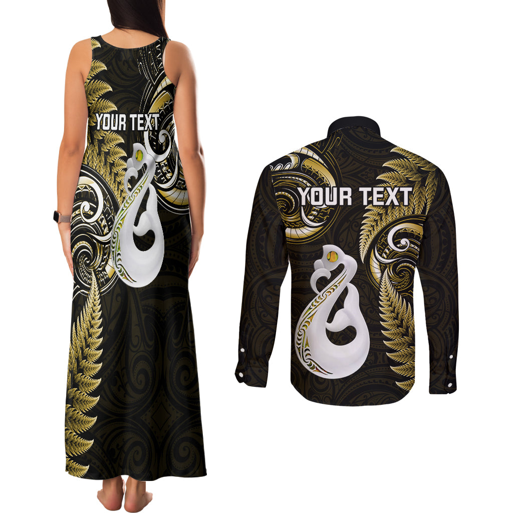 personalised-new-zealand-couples-matching-tank-maxi-dress-and-long-sleeve-button-shirts-aotearoa-silver-fern-with-manaia-maori-unique-gold