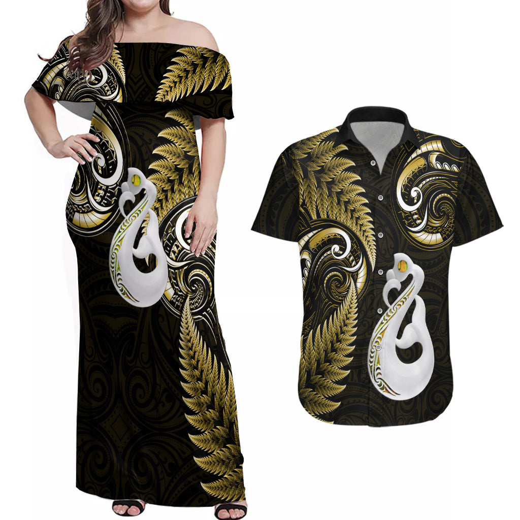 personalised-new-zealand-couples-off-shoulder-maxi-dress-and-hawaiian-shirt-aotearoa-silver-fern-with-manaia-maori-unique-gold