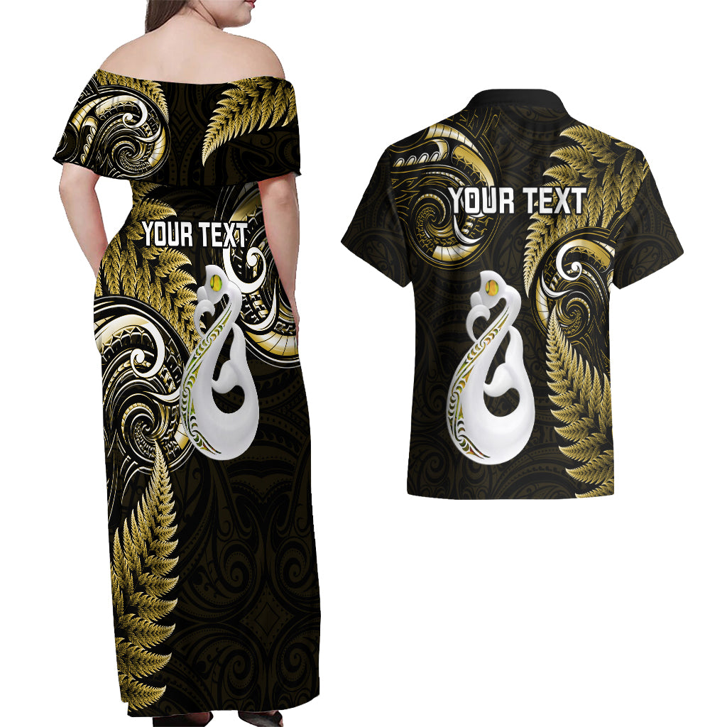 personalised-new-zealand-couples-off-shoulder-maxi-dress-and-hawaiian-shirt-aotearoa-silver-fern-with-manaia-maori-unique-gold