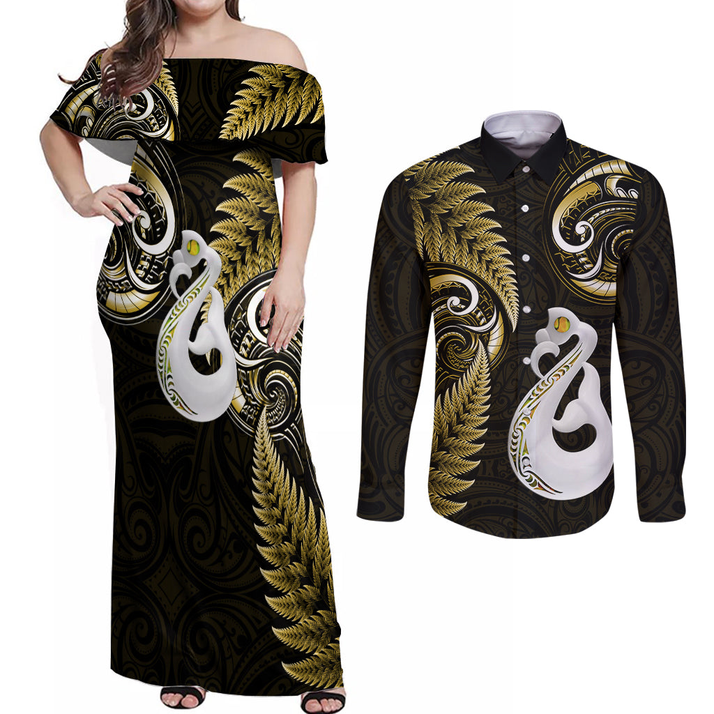 personalised-new-zealand-couples-off-shoulder-maxi-dress-and-long-sleeve-button-shirts-aotearoa-silver-fern-with-manaia-maori-unique-gold