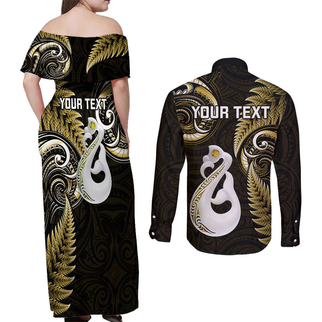 personalised-new-zealand-couples-off-shoulder-maxi-dress-and-long-sleeve-button-shirts-aotearoa-silver-fern-with-manaia-maori-unique-gold