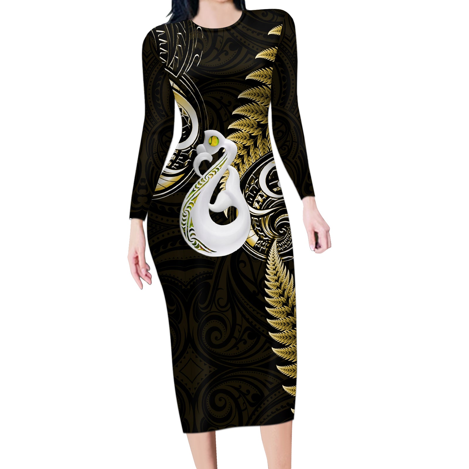 personalised-new-zealand-long-sleeve-bodycon-dress-aotearoa-silver-fern-with-manaia-maori-unique-gold