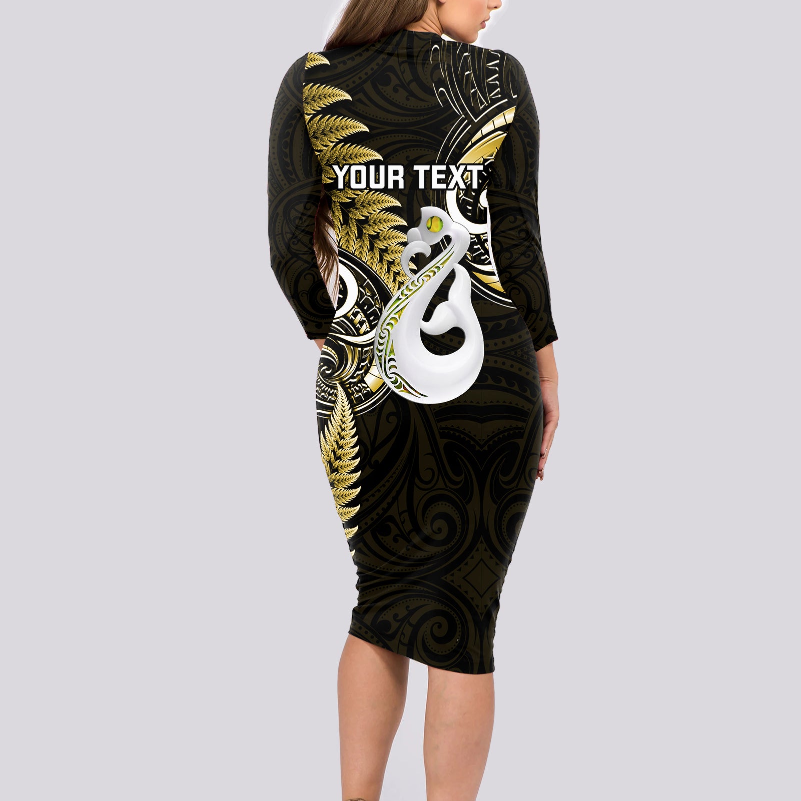 personalised-new-zealand-long-sleeve-bodycon-dress-aotearoa-silver-fern-with-manaia-maori-unique-gold