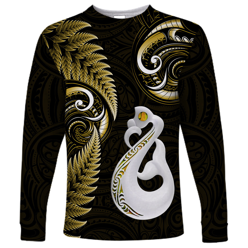 Personalised New Zealand Long Sleeve Shirt Aotearoa Silver Fern With Manaia Maori Unique Gold - Vibe Hoodie Shop