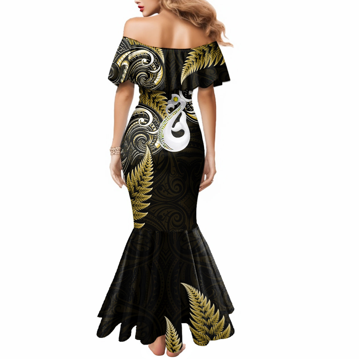 personalised-new-zealand-mermaid-dress-aotearoa-silver-fern-with-manaia-maori-unique-gold