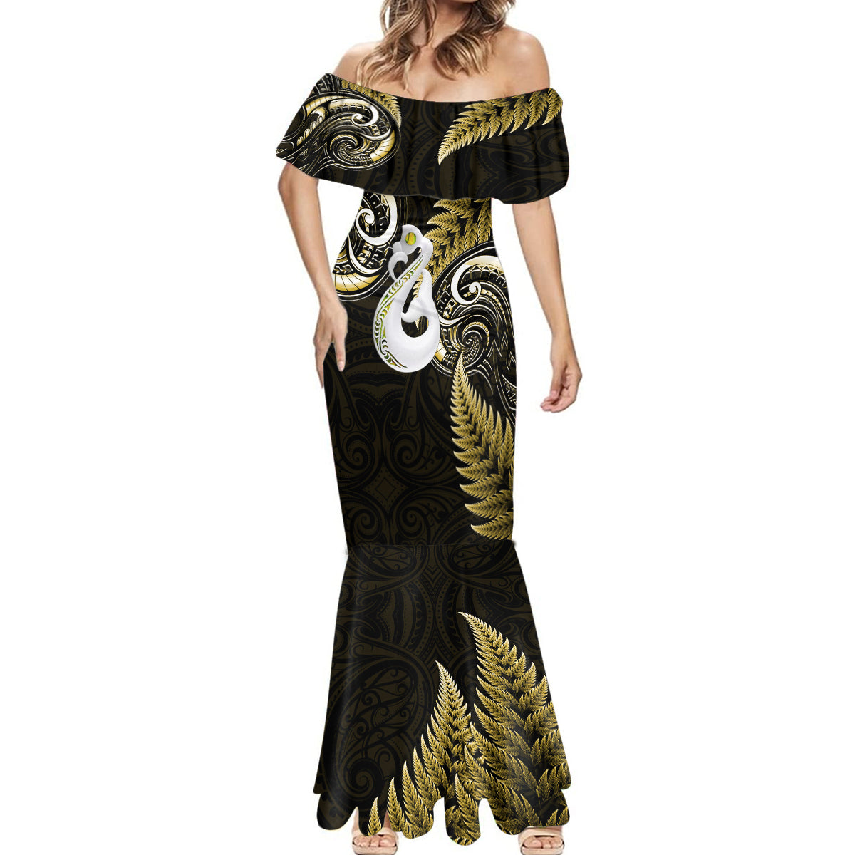 personalised-new-zealand-mermaid-dress-aotearoa-silver-fern-with-manaia-maori-unique-gold