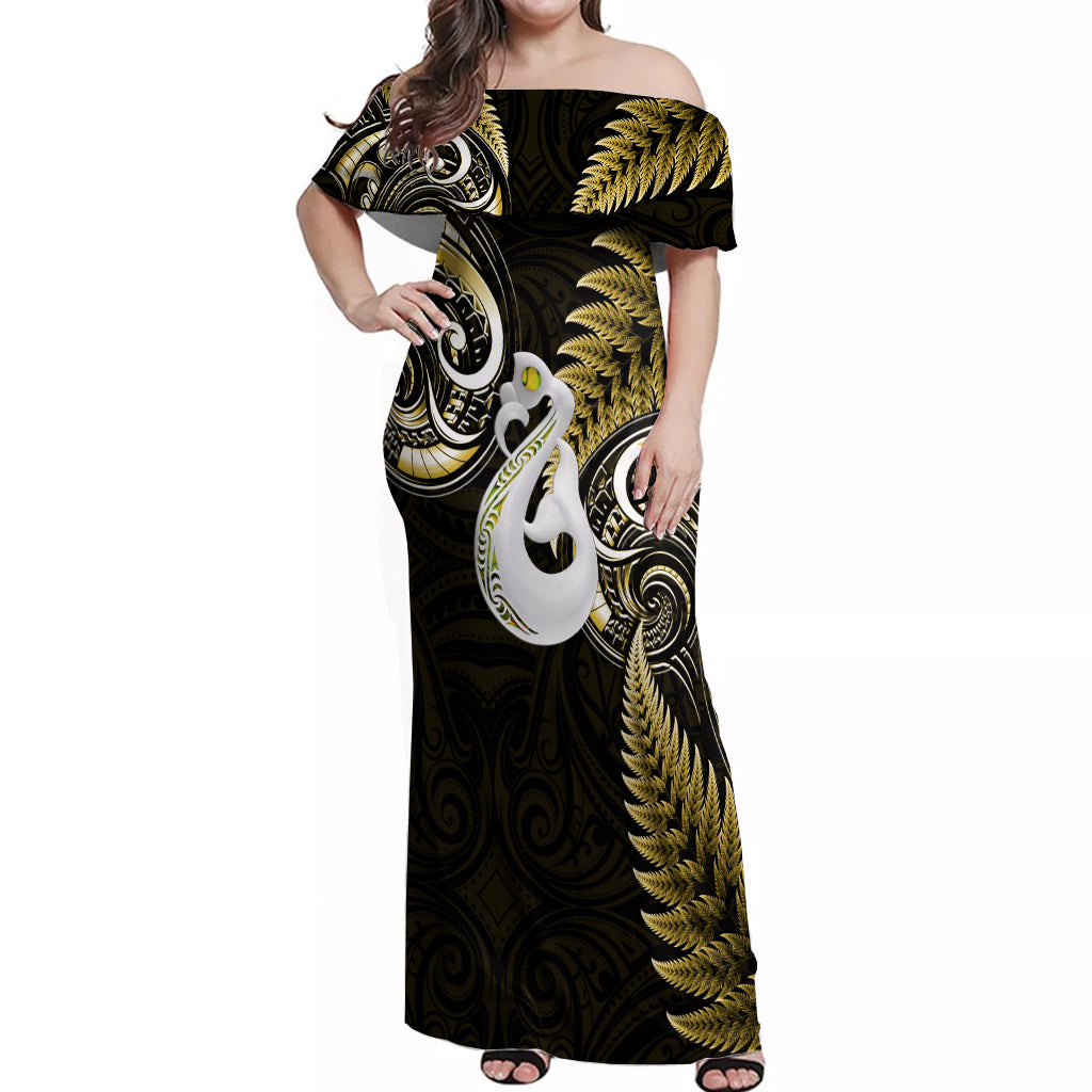 Personalised New Zealand Off Shoulder Maxi Dress Aotearoa Silver Fern With Manaia Maori Unique Gold - Vibe Hoodie Shop