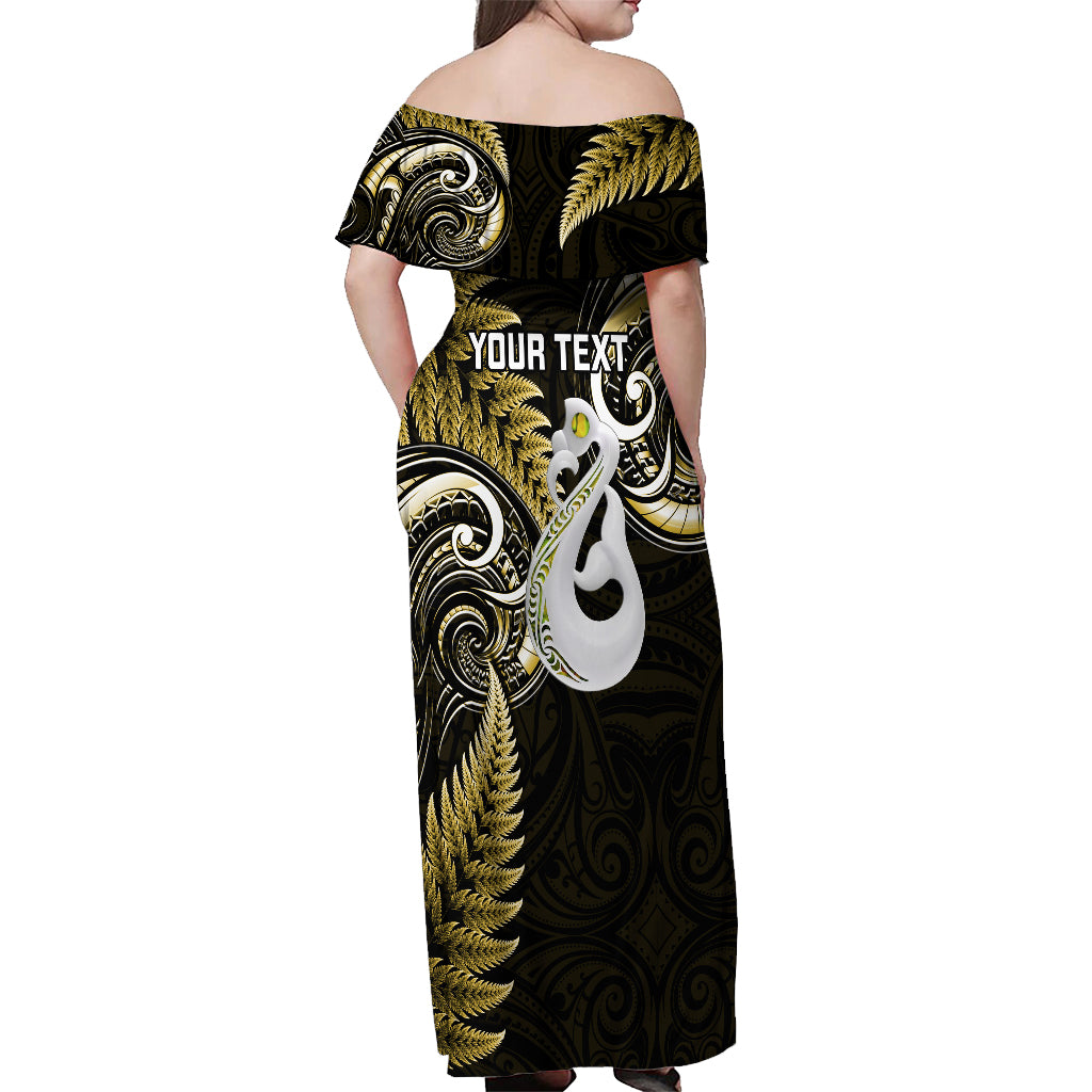 Personalised New Zealand Off Shoulder Maxi Dress Aotearoa Silver Fern With Manaia Maori Unique Gold - Vibe Hoodie Shop