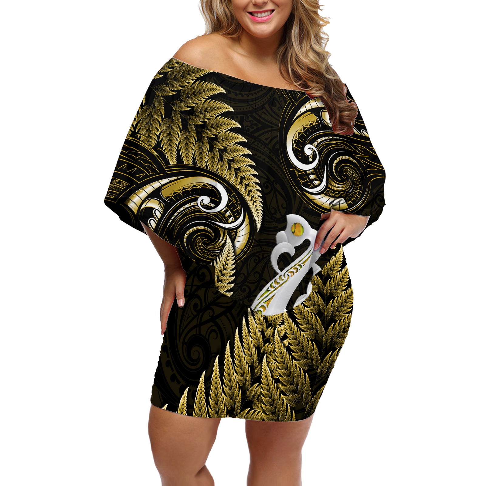 Personalised New Zealand Off Shoulder Short Dress Aotearoa Silver Fern With Manaia Maori Unique Gold LT14