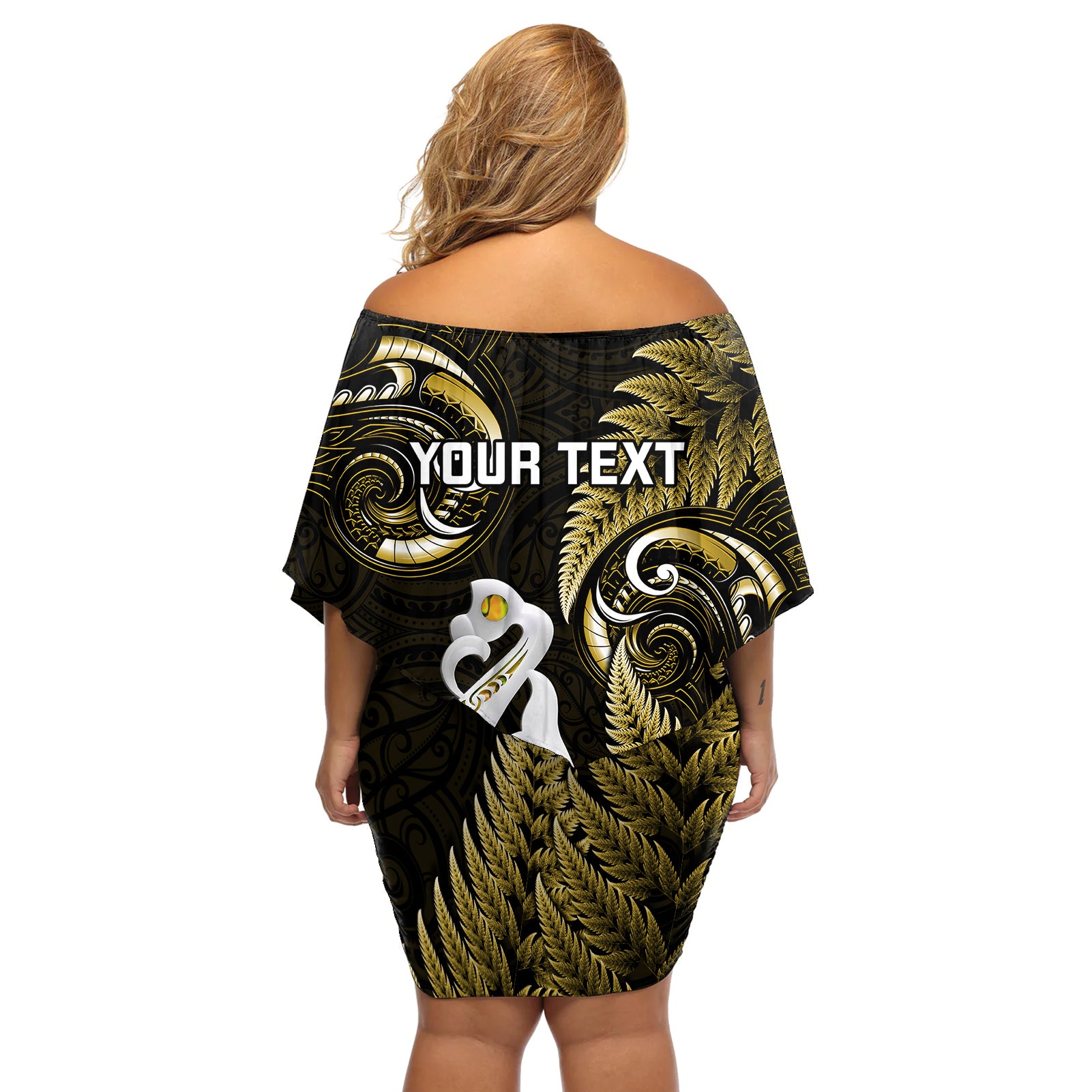 Personalised New Zealand Off Shoulder Short Dress Aotearoa Silver Fern With Manaia Maori Unique Gold LT14