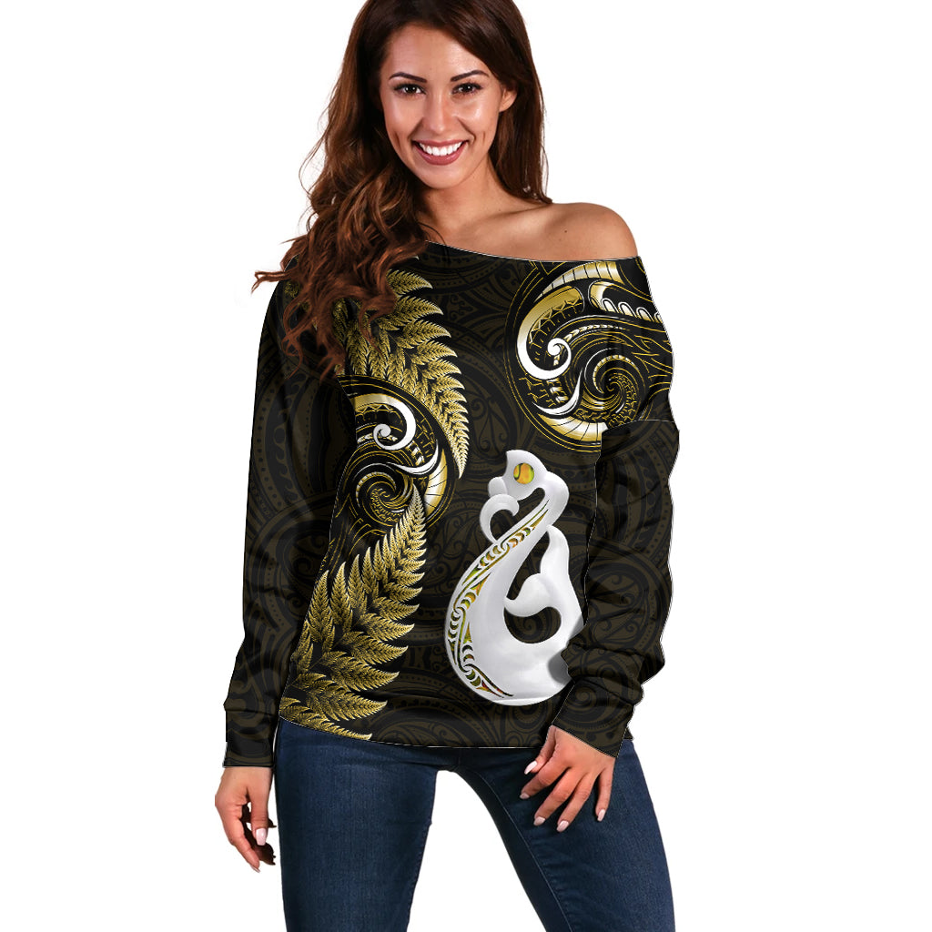 Personalised New Zealand Off Shoulder Sweater Aotearoa Silver Fern With Manaia Maori Unique Gold - Vibe Hoodie Shop