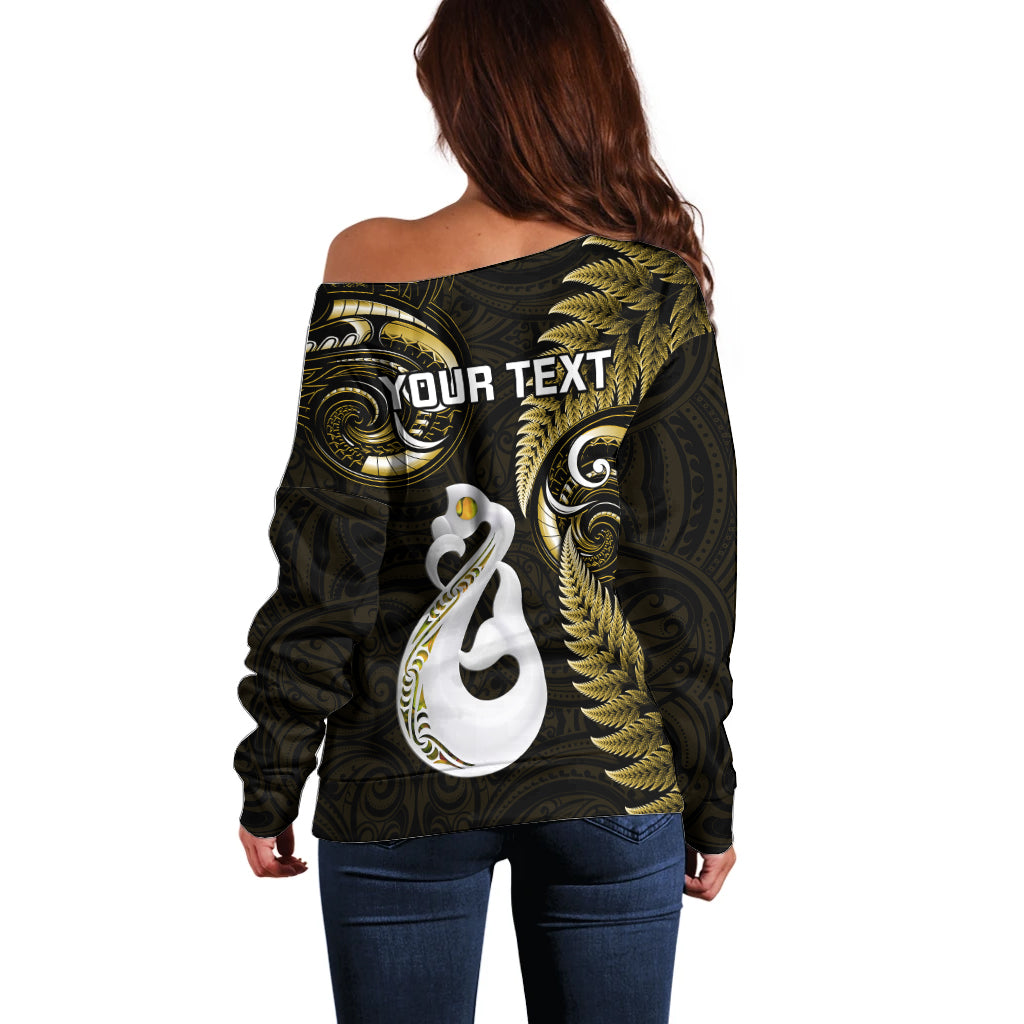 Personalised New Zealand Off Shoulder Sweater Aotearoa Silver Fern With Manaia Maori Unique Gold - Vibe Hoodie Shop