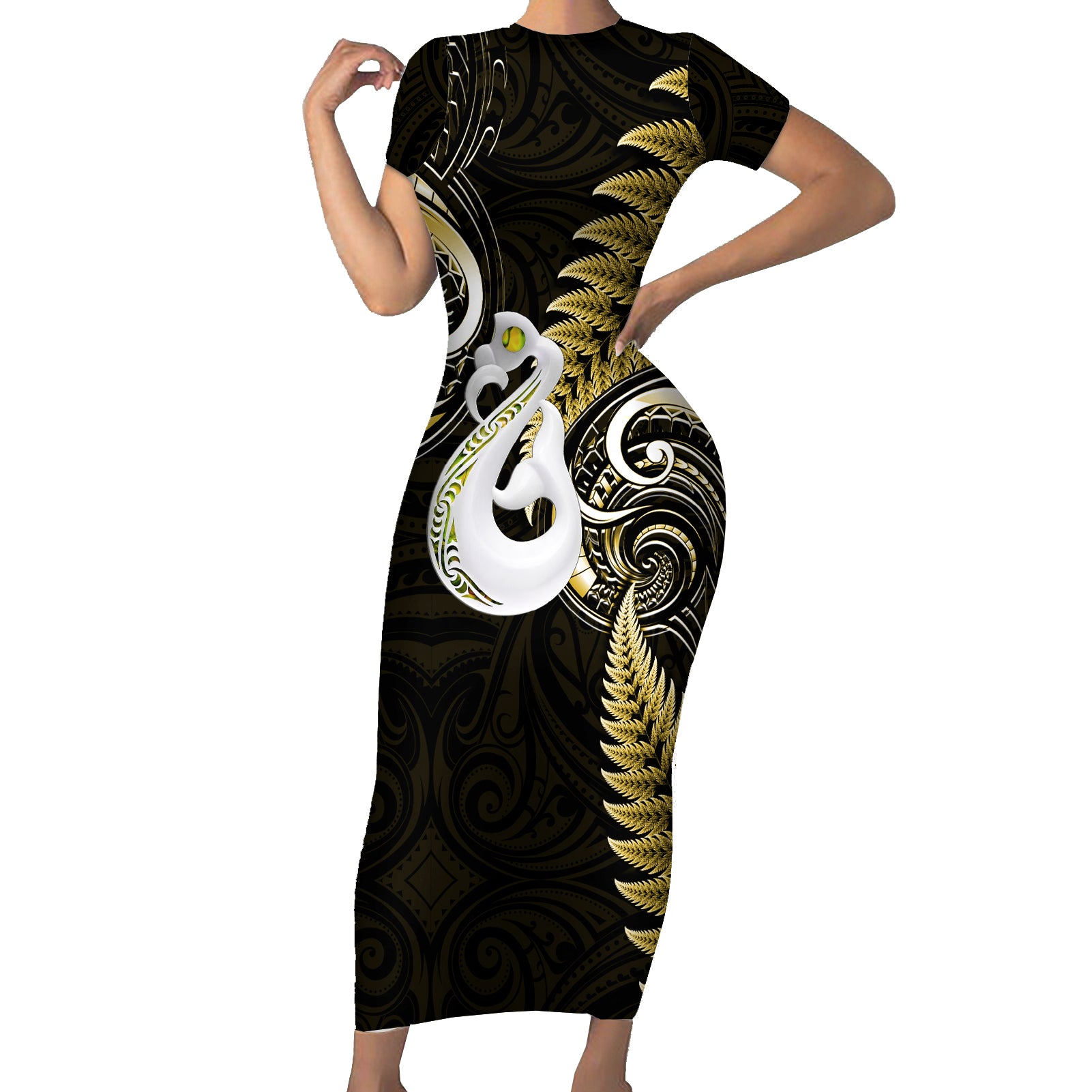 personalised-new-zealand-short-sleeve-bodycon-dress-aotearoa-silver-fern-with-manaia-maori-unique-gold