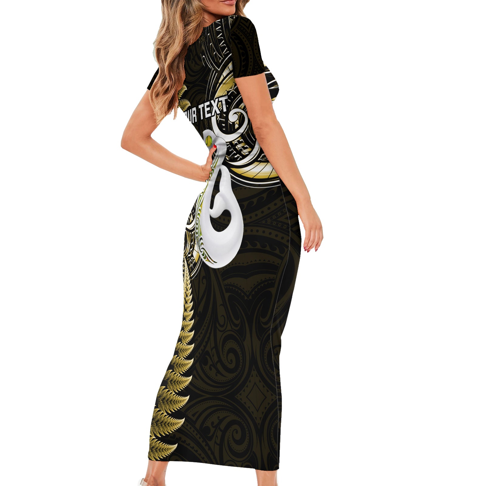 personalised-new-zealand-short-sleeve-bodycon-dress-aotearoa-silver-fern-with-manaia-maori-unique-gold