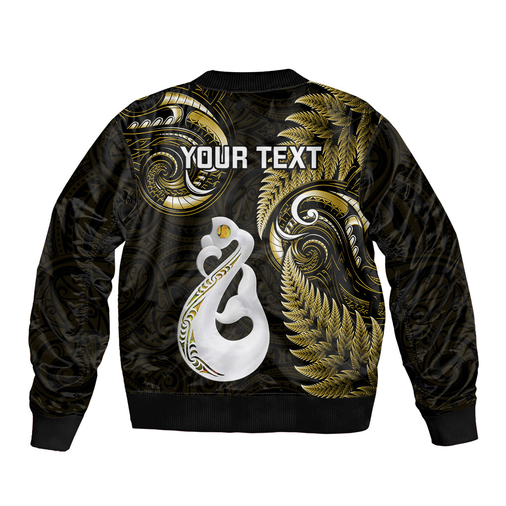 personalised-new-zealand-sleeve-zip-bomber-jacket-aotearoa-silver-fern-with-manaia-maori-unique-gold