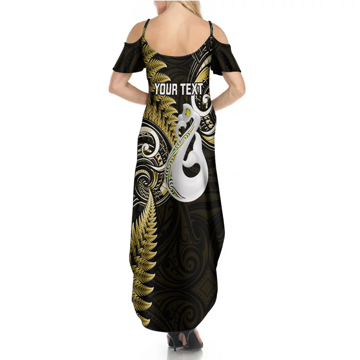 personalised-new-zealand-summer-maxi-dress-aotearoa-silver-fern-with-manaia-maori-unique-gold