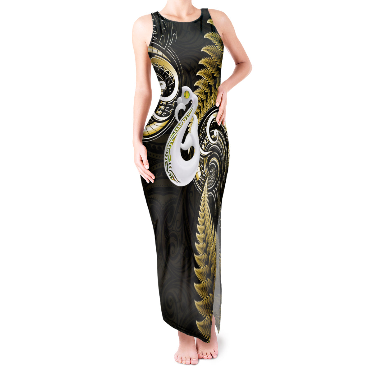 personalised-new-zealand-tank-maxi-dress-aotearoa-silver-fern-with-manaia-maori-unique-gold