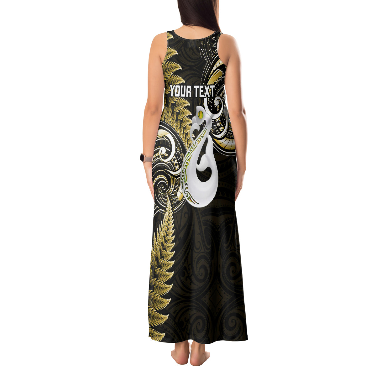 personalised-new-zealand-tank-maxi-dress-aotearoa-silver-fern-with-manaia-maori-unique-gold