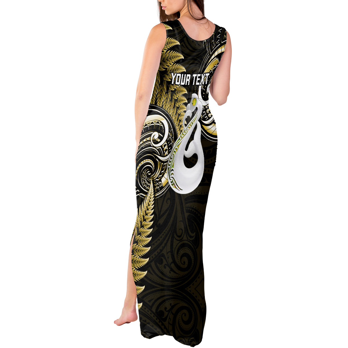 personalised-new-zealand-tank-maxi-dress-aotearoa-silver-fern-with-manaia-maori-unique-gold