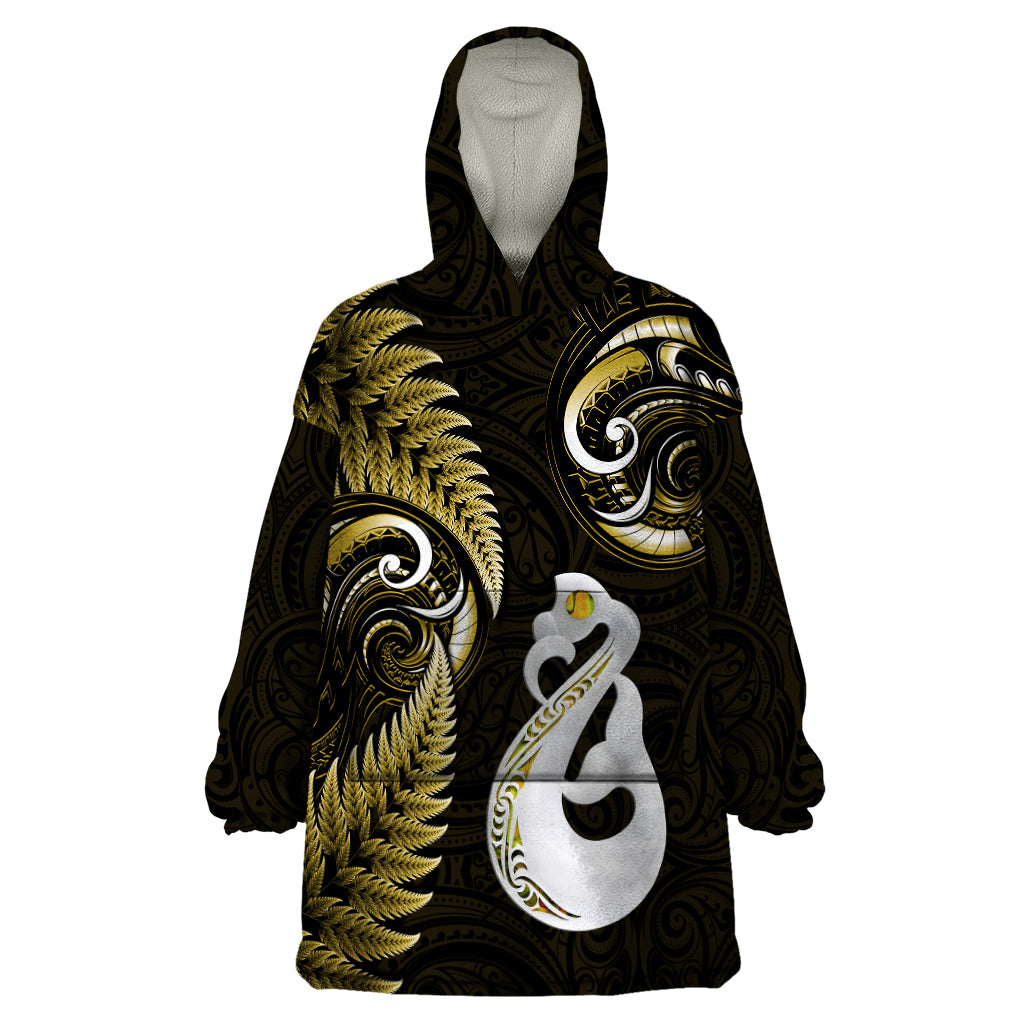 Personalised New Zealand Wearable Blanket Hoodie Aotearoa Silver Fern With Manaia Maori Unique Gold - Vibe Hoodie Shop